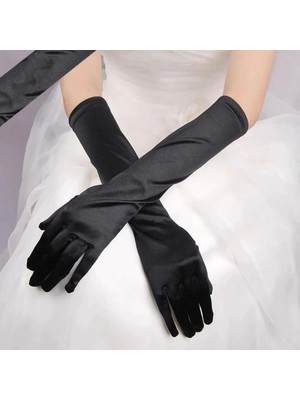 TE Dükkan Uzun Boy Ekstra Parlak Saten Eldiven Siyah Renk