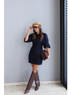 Purple By Banu Lacivert Balon Kol Jean Elbise