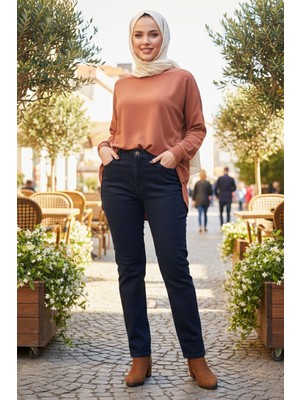 Lale Butik Kadın Beli Lastikli Likralı Boru Paça Kot Pantolon 03 Koyu Lacivert