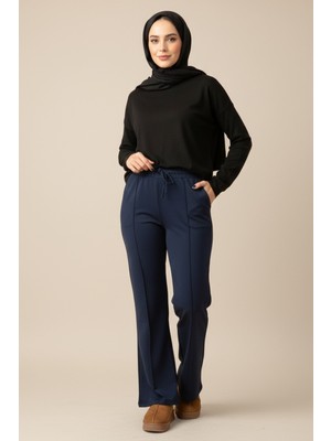 Lale Butik Nervür Dikiş Beli Lastikli Bağcıklı Pantolon 1887 Lacivert