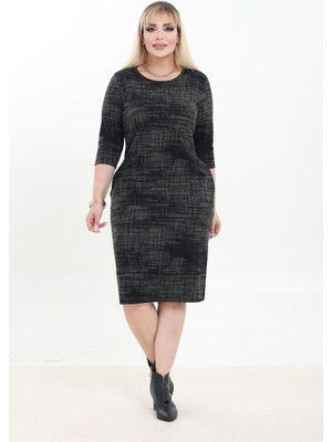 Modayız Çift Cepli Desenli Esnek Kışlık Büyük Beden Midi Elbise 38D-2752