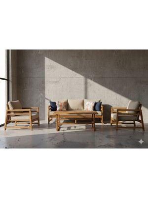 Zerka Concept Gamze Masif Ahşap Iroko Ağacı Oturma Grubu Bahçe Balkon Koltuk Takımı Turuncu 3+1+1+ Masa