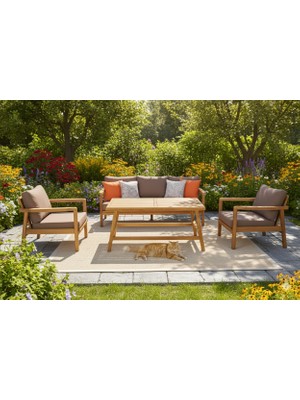 Zerka Concept Aspendos Masif Ahşap Iroko Ağacı Oturma Grubu Bahçe Balkon Koltuk Takımı Turuncu 3+1+1+ Masa