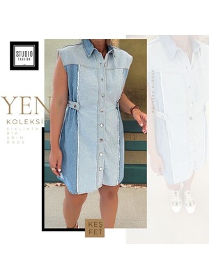 Studio Fashion 1988 Kadın Mavi Marka Muadil Tasarım Premium  Model Çift Renk Jean Elbise