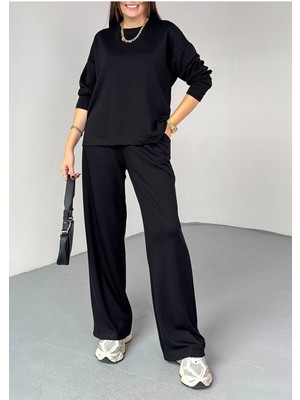 Studio Fashion 1988 Kadın Siyah Premium Modal Kumaş Bisiklet Yaka Uzun Kol Basic Ikili Takım