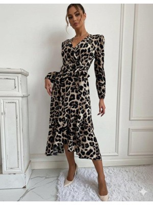 Mareandpanda Kadın Uzun Kollu Kruvaze Yaka Yandan Bağlamalı önden Fırfır Detaylı Süprem Uzun Elbise