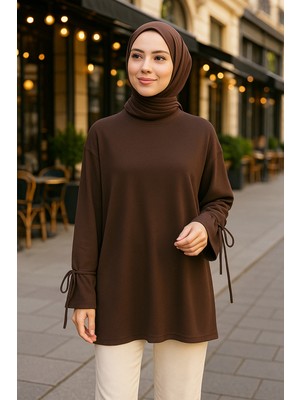 Lale Butik Manşeti ve Beli Bağcık Detay Sweat Tunik 3066 Kahve