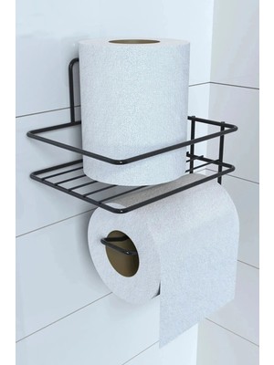 Mytechcat® Kendiliğinden Yapışkanlı Tuvalet Kağıdı Tutacağı ve Yedek Raf - Siyah Modern Metal