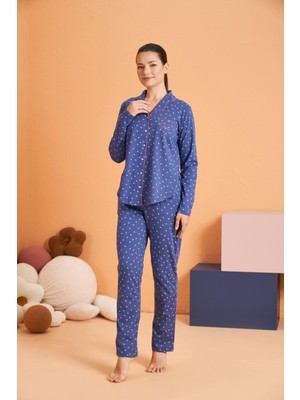 Pjs Kadın Anne-Kız Kalpli Önden Düğmeli Gömlek Yaka Uzun Kollu Pijama Takım