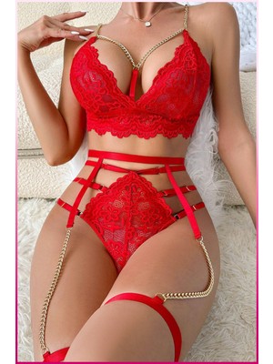 Marsilyan Kırmızı Dantelli Gold Zincirli Seksi Jartiyer Takım
