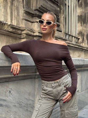 SEVENLINE Kadın Üç Şekilde Giyilebilen Crop Bluz Kahve - L