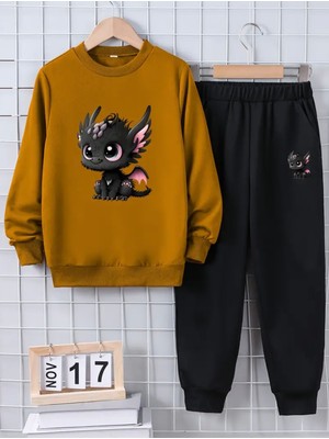 Punix Kids Punıx Kıds Özel Seri Yavru Siyah Ejderha Baskılı %100 Pamuk Kışlık Erkek Çocuk Eşofman Takımı