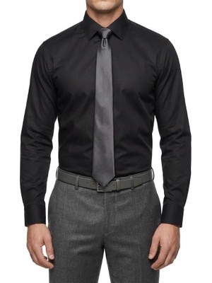 Italyan Stil Slim Fit Erkek Kravat Yaka Gömlek Siyah T13428