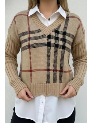 Gülseli Gömlek Garnili Desenli Triko Bluz P-00019129