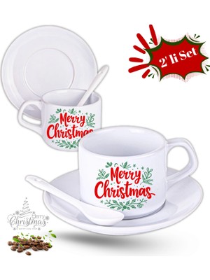 Caisya Yılbaşı Hediyesi Christmas Baskılı 2li Set Porselen Çay Kahve Fincan Seti