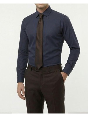Italyan Stil Slim Fit Erkek Kravat Yaka Gömlek Lacivert T14248