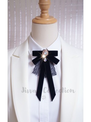 Cash Trade Siyah Kadife Kadın Fiyonk Broş. Parlayan Rhinestone Sallantılı Detaylı Fiyonk Broş .Boyun Kravat