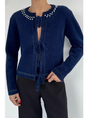 Gülseli Kadın Ön Bağlamalı Inci Detaylı Yumoş Triko Ceket (S-M-L Uyumludur) P-00018059