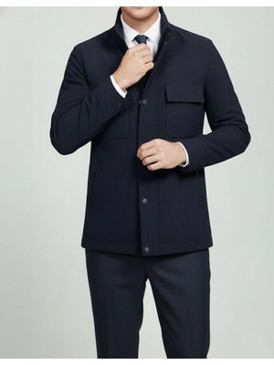 Italyan Stil Slim Fit Fermuarlı Ceket Pantolon Spor Takım Elbise Lacivert T14977