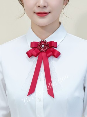 Cash Trade Kadın Fiyonk Broş. Parlayan Rhinestone kırmızı Çiçek Detaylı Fiyonk Broş Kurdele Boyun Kravat