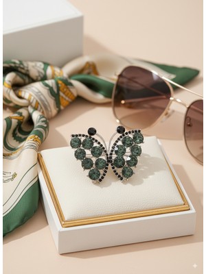 Cash Trade Koyu Yeşil Taşli Kelebek Broş