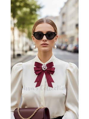 Cash Trade Kadın Fiyonk Broş-Bordo. Parlayan Rhinestone Çiçek Detaylı. Fiyonk Broş Kurdele. Boyun Kravat