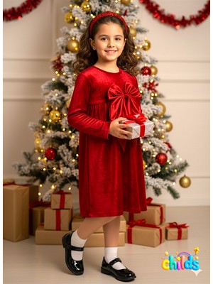 childs  kız çocuk kırmızı uzun kollu saten fiyonk detaylı likralı pamuklu kadife yılbaşı elbise