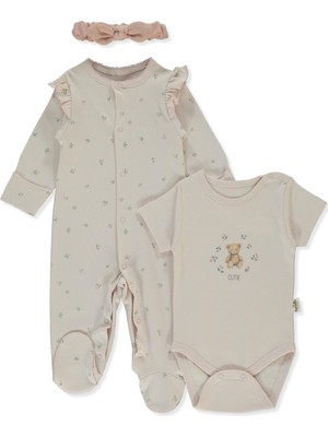Bebetto Organik Interlok Patikli Tulum Set 3lü (Organıc Cute Bear) Somon