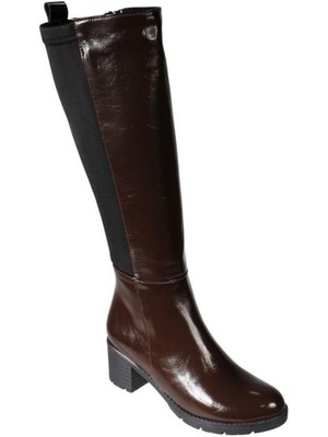 Yazkış Kadın Siyah Kahverengi Rugan Arkası Lastlikli 6cm Kalın Topuklu Çizme