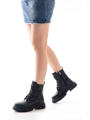 Zerenyus ZRİN812-356 Premium Siyah Bağcıklı Fermuarlı Günlük Kadın Bot