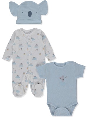 Bebetto Organik Süprem Double Patikli Tulum Set 3lü (Organıc Stars And Koalas) Mavi