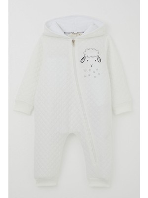 Breeze Erkek Bebek Tulum Kapitone Desenli Sevimli Kuzucuk Baskılı Kapüşonlu 4 Ay-1.5 Yaş, Ekru