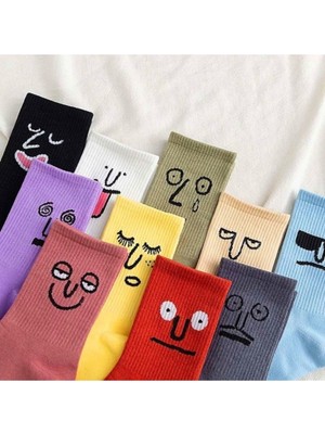 Bgk Unisex Renkli Yüz Desenli Tenis Çorap 10'lu ZR-8741954-ÇOK Renkli Klasik