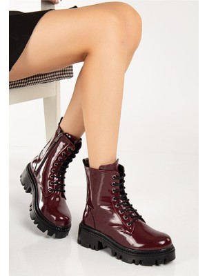 Zerenyus ZRİN868-356 Premium Bordo Rugan Bağcıklı Fermuarlı Günlük Kadın Bot