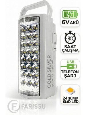 212 Farissu Gold Silver GS-2400 Şarjlı 24 LED Işıldak & Powerbank - 80 Saat Aydınlatma (Telefon Şarj Eder)