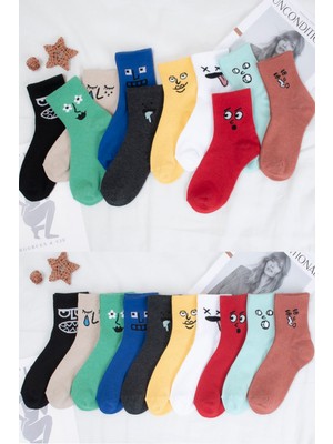 Bgk Unisex Yüz Desenli 10 Çift Trend Çorap -SRT-37654-ÇOK Renkli Klasik