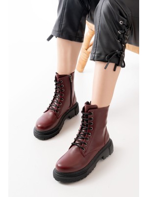 Zerenyus ZRİN812-356 Premium Bordo Bağcıklı Fermuarlı Günlük Kadın Bot