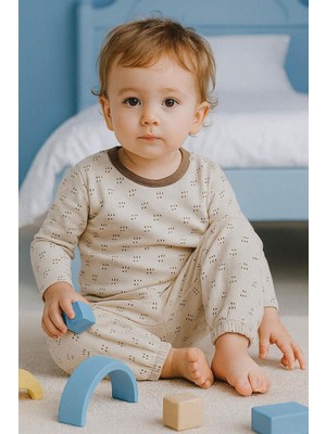 Breeze Erkek Bebek Pijama Takımı Desenli Beli Lastikli 9 Ay-3 Yaş, Bej