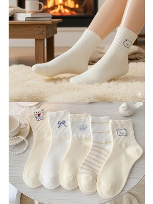 Bgk 5 Çift Krem Desenli Kadın Çorap
