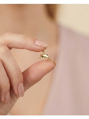 İndigo Takı Üç Boyutlu Sade Minik Yunus 14 Ayar Altın Kolye Ucu