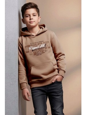 Breeze Kız Çocuk Peluş Sweatshirt Kapüşonlu Kanguru Cepli 9-14 Yaş, Bej