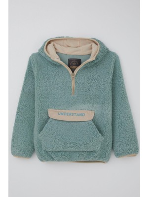 Reycan Erkek Çocuk Peluş Sweatshirt Kapüşonlu Kanguru Cepli 5-8 Yaş, Su Yeşili