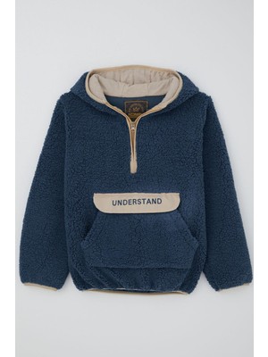 Reycan Erkek Çocuk Peluş Sweatshirt Kapüşonlu Kanguru Cepli 5-8 Yaş, Indigo
