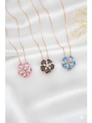 925 Ayar Papatya Silver Doğum Taşlı Unutma Beni Çiçeği Kolye.rose.gold.rodaj