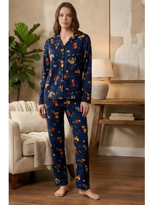 Morro Kadın Düğmeli Bürümcük Pijama Takımı Uzun Kollu Bebe Yaka Rahat Kalıp