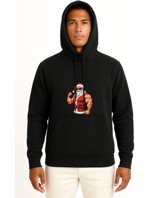 Bahriyeli Collection Kapüşonlu Kaslı Noel Baba Yılbaşı Christmas Göğüs Baskılı Unisex Sweatshirt