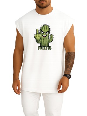 Bahriyeli Collection Oversize Orta Parmak Dikenli Kaktüs Göğüs Baskılı Atlet