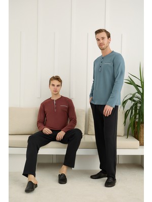 Nightlove Erkek Muz Yaka Uzun Kollu Pijama Takımı