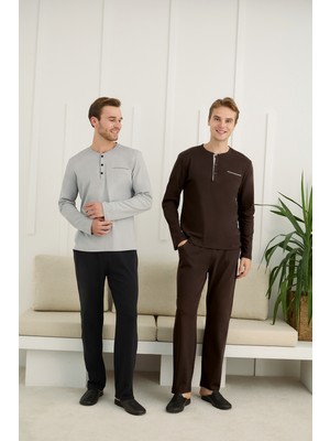 Nightlove Erkek Muz Yaka Uzun Kollu Pijama Takımı