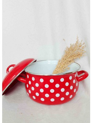 Kırmızı Puantiyeli Emaye Tencere 5 Litrelik 24 cm Çap Süt Yoğurt Çorba Tenceresi